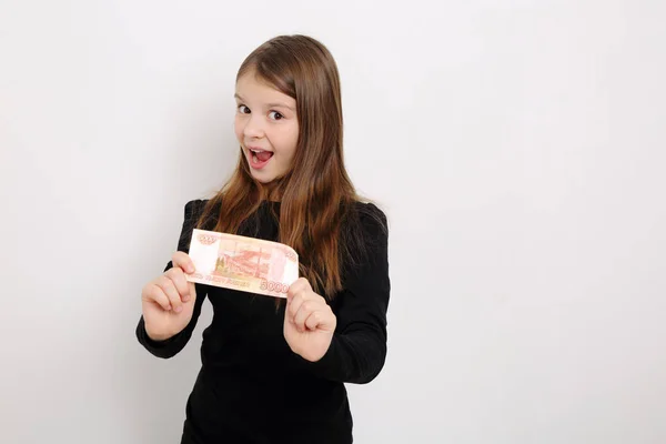 Russian Teen Girl Holding 5000 Rubles Five Thousands Roubles Cash — Stock Photo, Image