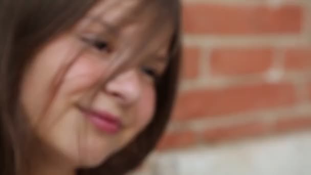 Teen Girl Posing Model Red Brick Wall Selected Focus — Stock Video