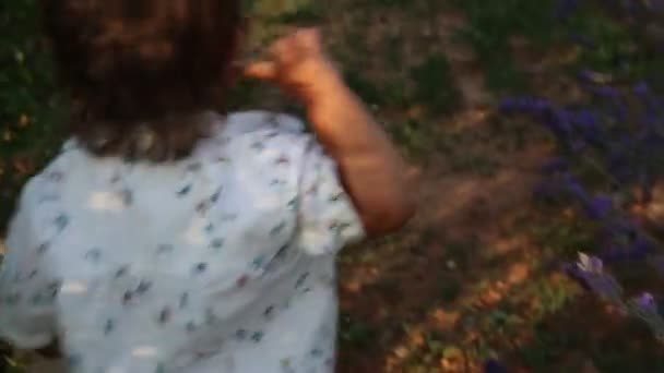 ラベンダー畑で幸せを感じる小さな子供は — ストック動画