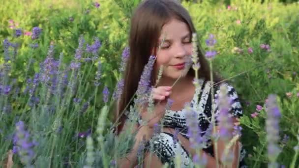 Kleines Mädchen Genießt Einen Lavendel — Stockvideo