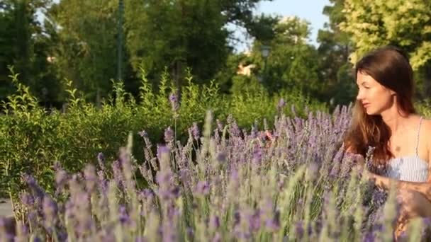 Mujer Joven Está Disfrutando Una Lavanda — Vídeos de Stock