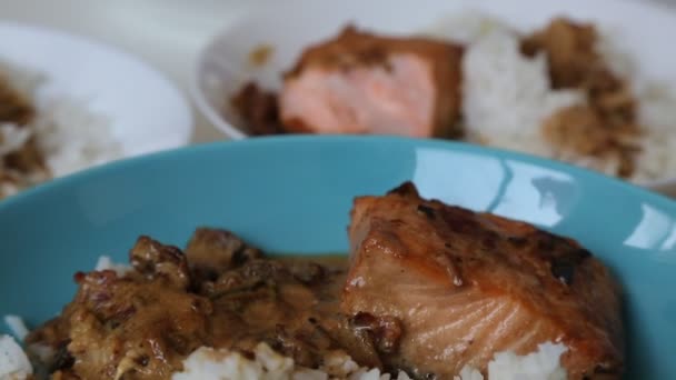 White Rice Salmon Mushrooms — Stock Video