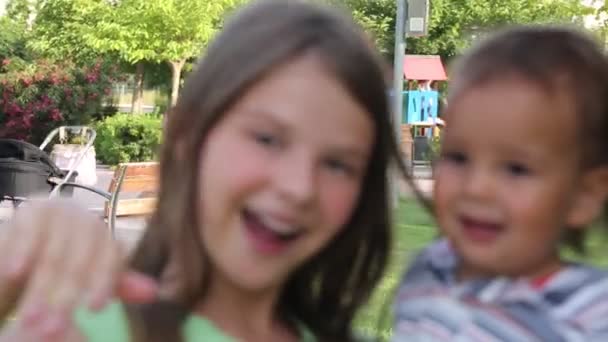 Little Boy Young Girl Playing Outdoor Park — Stock Video