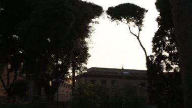 Vatikan, Roma ve İtalya 'da ağaç ve binalardan oluşan güzel bir siluetle yaz günbatımı