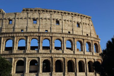 Roma'da Colosseum olarak bilinen ünlü Amphitheatrum Flavium detayları, İtalya.