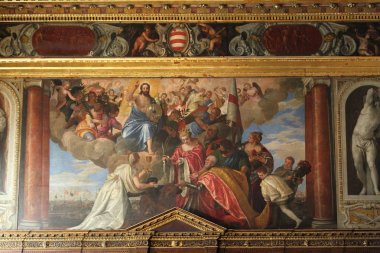 Venedik, Veneto, İtalya - 20 Nisan 2019: Doge Palace'ın iç mekanındaki sanat detayları (Palace Ducale).