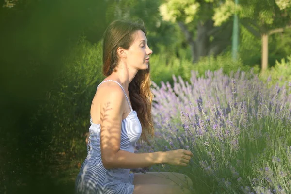 Mujer Está Disfrutando Campo Lavanda —  Fotos de Stock