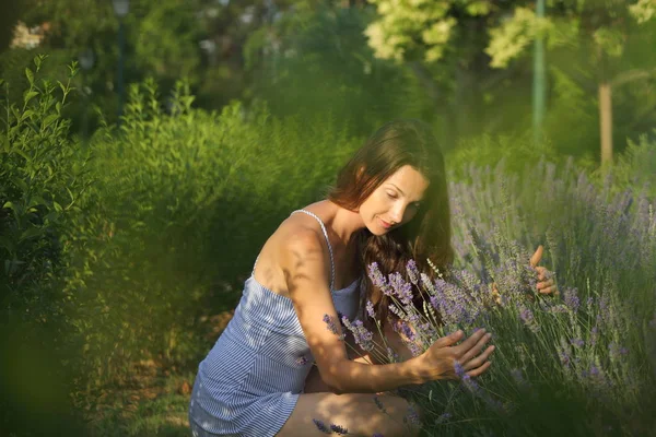 Donna Sta Godendo Campo Lavanda — Foto Stock