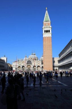 Venedik, Italya-20 Nisan 2019: Venedik St. Mark Campanile Katedrali Kulesi.