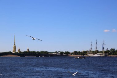 Saint Petersburg, Rusya - 16 Haziran 2019: Neva nehri ve Peter ve Paul kalesinin güneşli gününde güzel manzara.