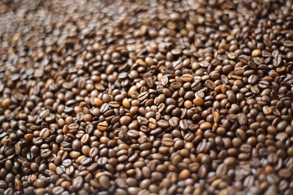 Coffee beans blur testured background. Defocus (or selected focus) coffee texture.