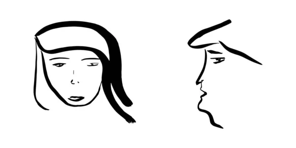 女性の肖像画の顔が描かれた手描きのグラフィックアートライン — ストック写真
