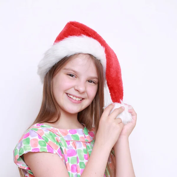 Liten Flicka Santa Hatt — Stockfoto