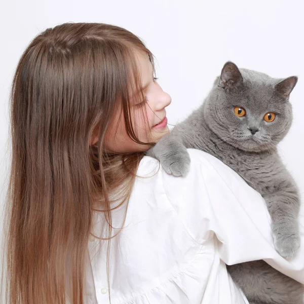 Vacker Liten Flicka Och Katt — Stockfoto