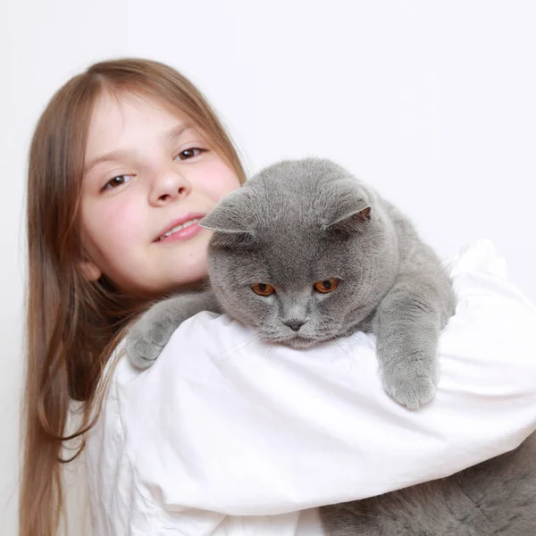 Vacker Liten Flicka Och Katt — Stockfoto