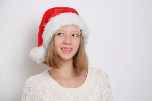 Chapéu Papai Noel Menina Adolescente Tema Natal — Fotografia de Stock