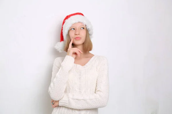Шляпа Санты Девочку Подростка Рождественскую Тему — стоковое фото