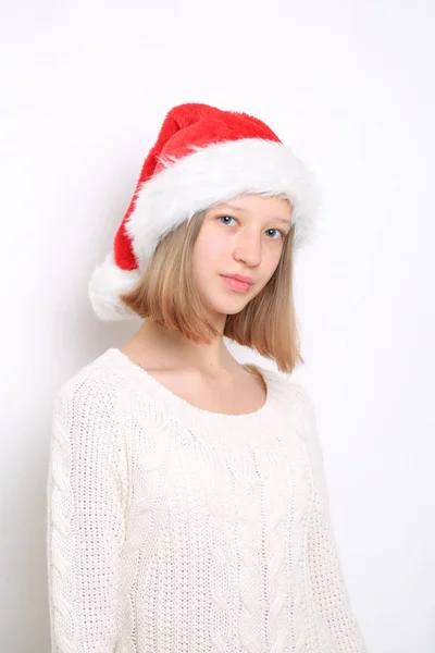 Chapéu Papai Noel Menina Adolescente Tema Natal — Fotografia de Stock