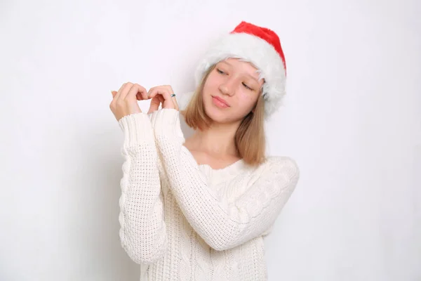 Kerstman Hoed Tiener Meisje Kerstmis Thema — Stockfoto