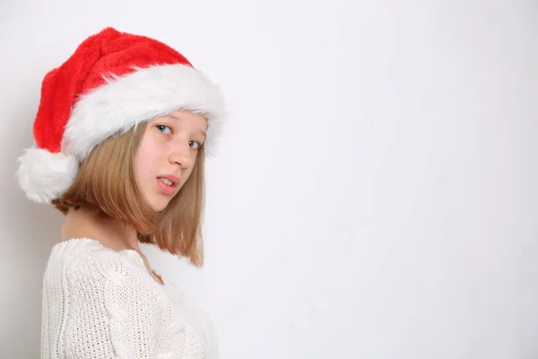 Санта Капелюх Дівчину Підлітка Різдвяну Тему — стокове фото