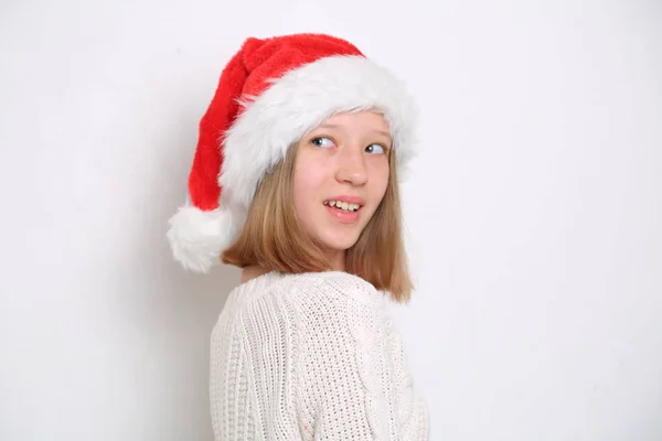 Santa Hatt Tonåring Flicka Jultema — Stockfoto