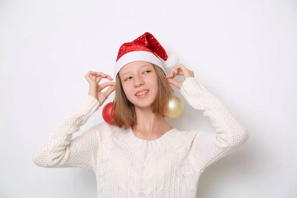 Chapeau Santa Sur Jeune Fille Sur Thème Noël — Photo