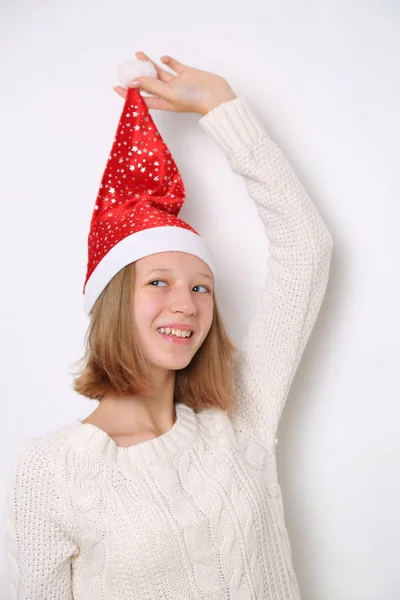 Kerstman Hoed Tiener Meisje Kerstmis Thema — Stockfoto