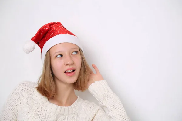 Chapéu Papai Noel Menina Adolescente Tema Natal — Fotografia de Stock