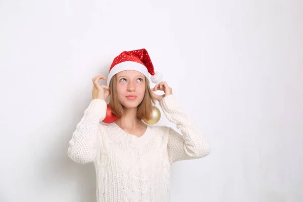 Chapeau Santa Sur Jeune Fille Sur Thème Noël — Photo