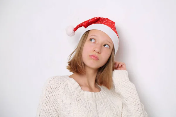 Kerstman Hoed Tiener Meisje Kerstmis Thema — Stockfoto