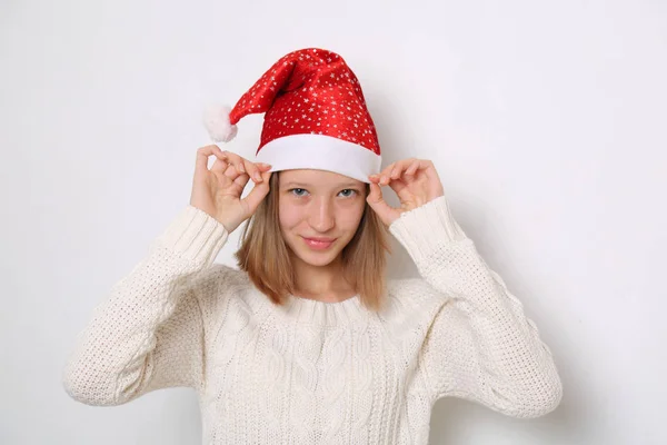 Santa Hatt Tonåring Flicka Jultema — Stockfoto