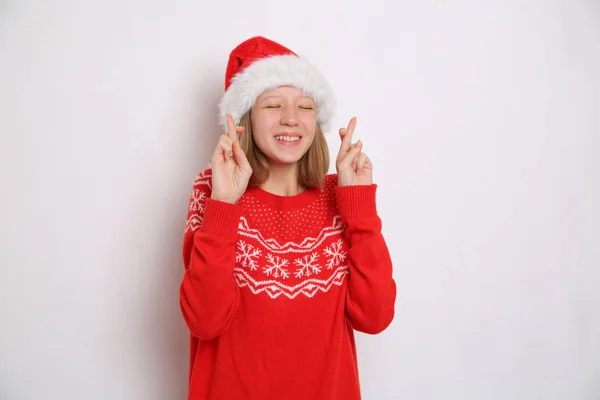 Σάντα Καπέλο Έφηβο Κορίτσι Θέμα Χριστούγεννα — Φωτογραφία Αρχείου