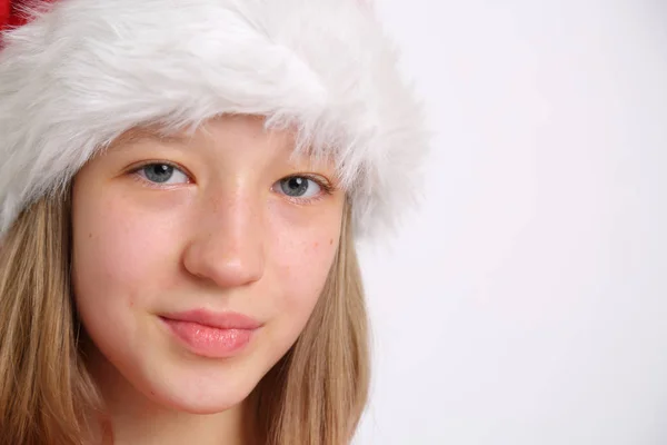 Chapéu Papai Noel Menina Adolescente Tema Natal — Fotografia de Stock