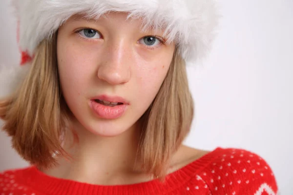 Chapéu Papai Noel Menina Adolescente Tema Natal — Fotografia de Stock