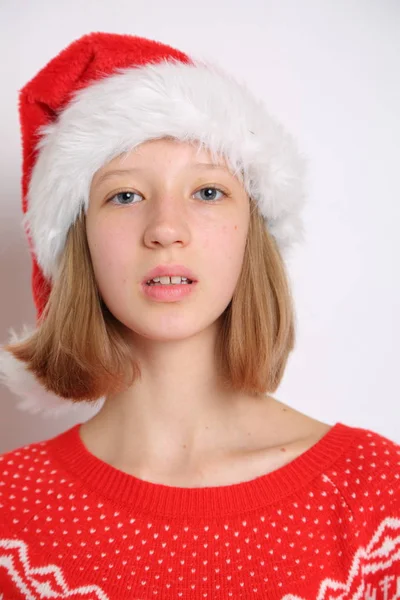 Santa Hat Teen Girl Christmas Theme — Stock Photo, Image