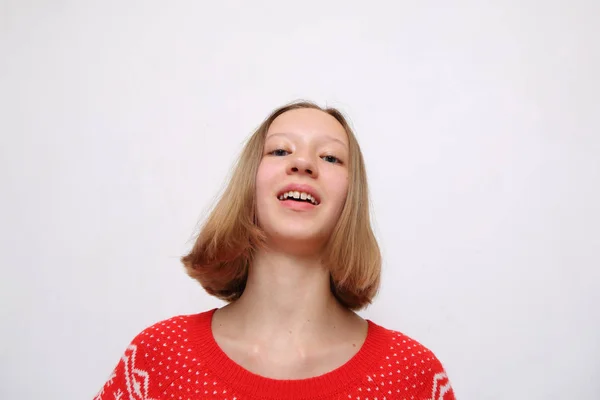 Studio Πορτρέτο Του Ευρωπαίου Εφήβου Κοριτσιού Θέμα Χριστούγεννα — Φωτογραφία Αρχείου