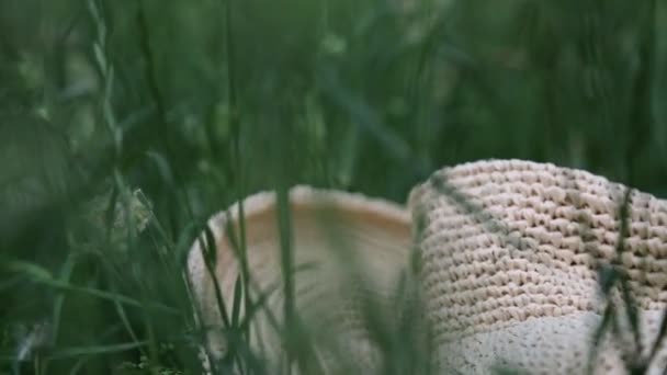 Korte Beelden Van Strohoed Het Groene Gras Zomer Geselecteerde Focus — Stockvideo