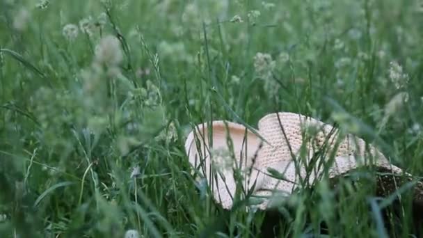 Kurze Filmaufnahmen Von Strohhut Grünen Gras Zur Sommerzeit Ausgewählte Schwerpunkte — Stockvideo