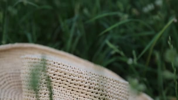 Courtes Images Chapeau Paille Dans Herbe Verte Été Concentration Choisie — Video