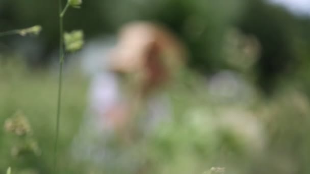 Beautiful Caucasian Girl Straw Hat Green Grass Summertime Selected Focus — Stock Video