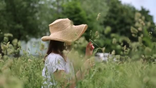 Красивая Кавказская Девушка Соломенной Шляпе Зеленой Траве Летом Выбранный Фокус — стоковое видео