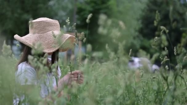 Yazın Yeşil Çimlerin Üzerinde Hasır Şapkalı Güzel Beyaz Kız Seçili — Stok video