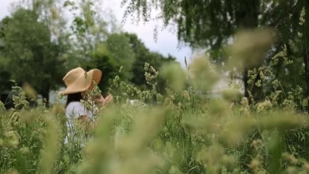 Vacker Kaukasiska Flicka Halmhatt Det Gröna Gräset Sommaren Ett Valt — Stockvideo