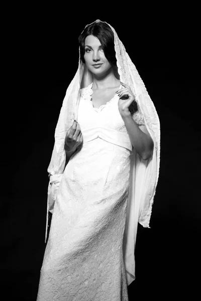 Black White Portrait Sexy Woman Wedding Dress Retro Style Dark — Stock Photo, Image