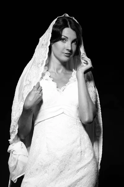 Foto Preto Branco Uma Menina Encantadora Vestido Noiva Estilo Retro — Fotografia de Stock
