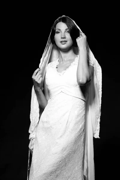 Portrait Noir Blanc Une Femme Sexy Dans Une Robe Mariée — Photo