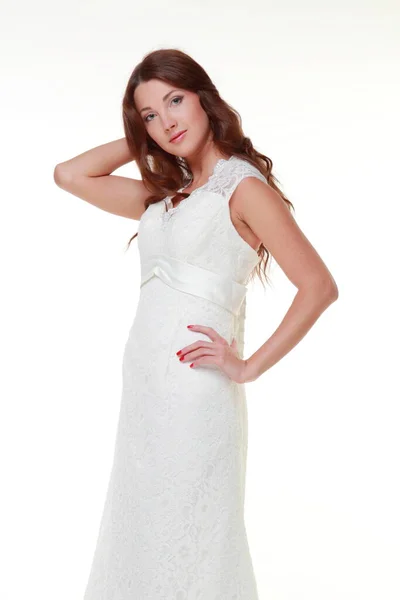 Mujer Joven Caucásica Vestido Blanco Largo Con Hermoso Pelo Aislado —  Fotos de Stock