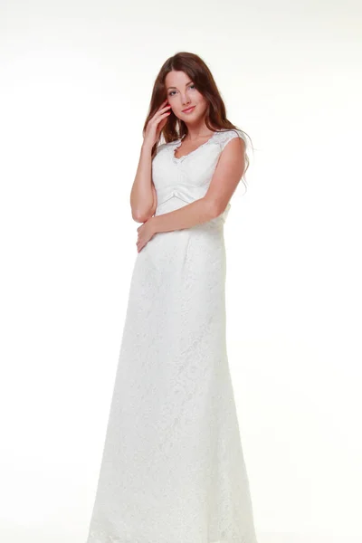 Imagem Estúdio Uma Mulher Sexy Vestido Noiva Branco Longo Com — Fotografia de Stock