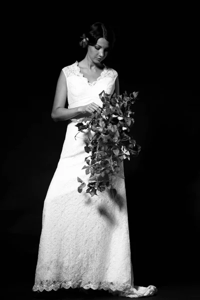 Black White Image Young Woman Bride Long White Dress — Stock Photo, Image