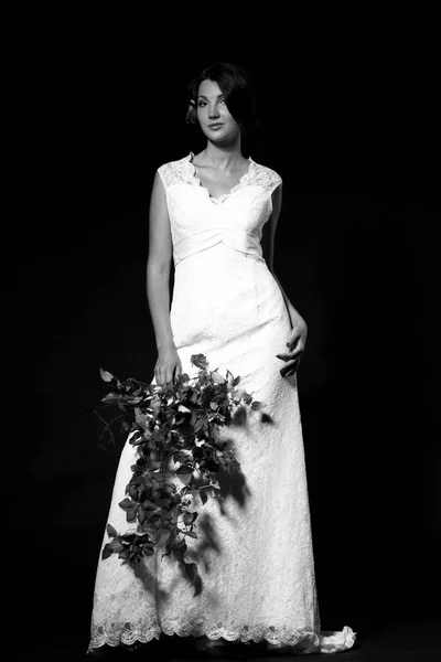 Black White Portrait Sexy Woman Wedding Dress Retro Style Dark — стоковое фото